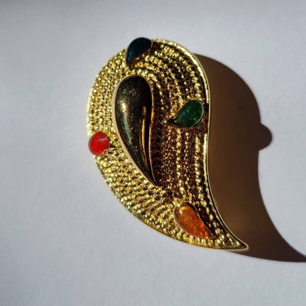 Paisley Brooch Women Gold Multi Color Excellent Textured Retro Pin